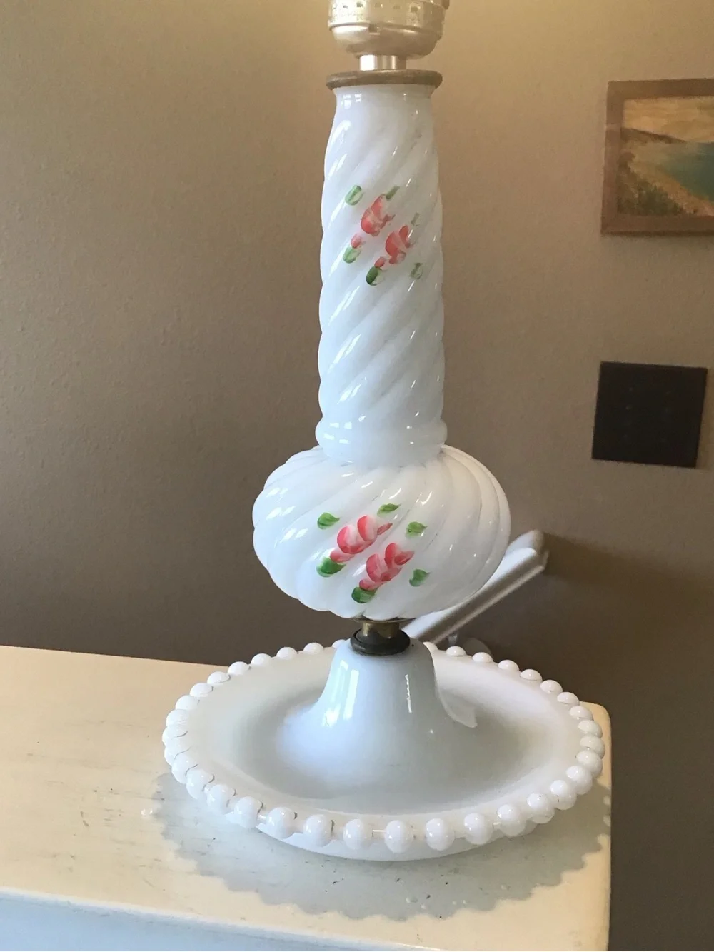Vintage 12” Swirl Milkglass Handpainted Hob Knob Accent Lamp